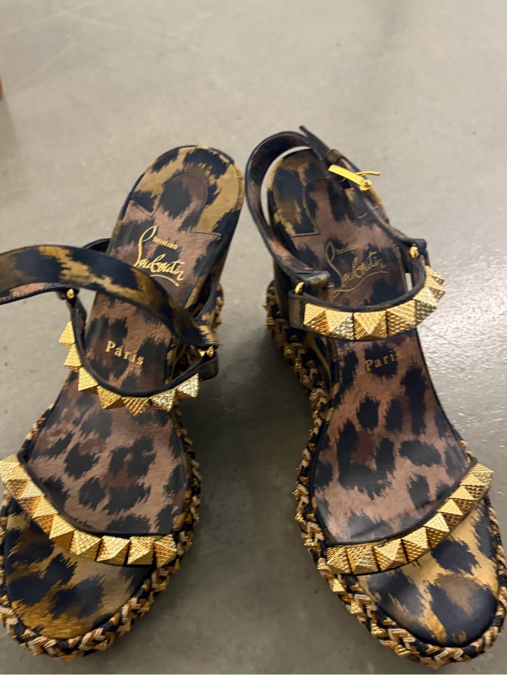 CHRISTIAN LOUBOUTIN PYRACLOU LEOPARD GOLD STUDDED ESPADRILLE WEDGE SANDALS SIZE